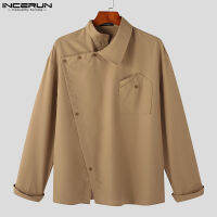 Medussa INCERUN เสื้อเบลาส์สีทึบคอแนวทแยงแขนยาวสำหรับผู้ชาย (สไตล์เกาหลี)