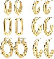 Gold Hoop ต่างหูชุดผู้หญิง6คู่14K Gold Plated น้ำหนักเบา Hypoallergenic Chunky เปิด Hoops เครื่องประดับสำหรับของขวัญ Dropearrings Dropearrings