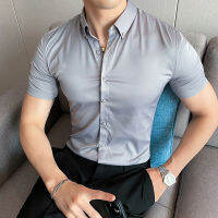 คุณภาพสูงใหม่สีทึบเสื้อผู้ชายแขนสั้นแฟชั่น Slim Men Social Casual เสื้อธุรกิจ dres เสื้อ