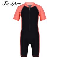 【JH】 Kids Boys/Girls One-piece Suits Rash Guards Swimsuit Short Sleeves Zippered Shorty Wetsuit Swimwear Beach Bathing