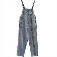 [COD] Age-reducing suspenders womens loose Korean version of the mans fat sister leopard print straps denim trousers