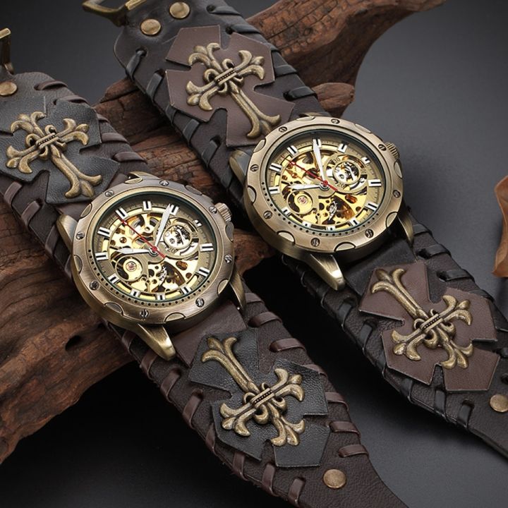 นาฬิกาไขลานเองแนววินเทจสำหรับผู้ชายนาฬิกาโกธิควินเทจนาฬิกากลไกโบราณสไตล์ร็อคสีน้ำตาล