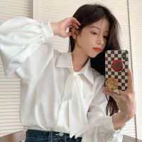 ✌❐㍿ Large size slim white interview shirt for women new 2023 autumn fat MM French bow long-sleeved commuter top