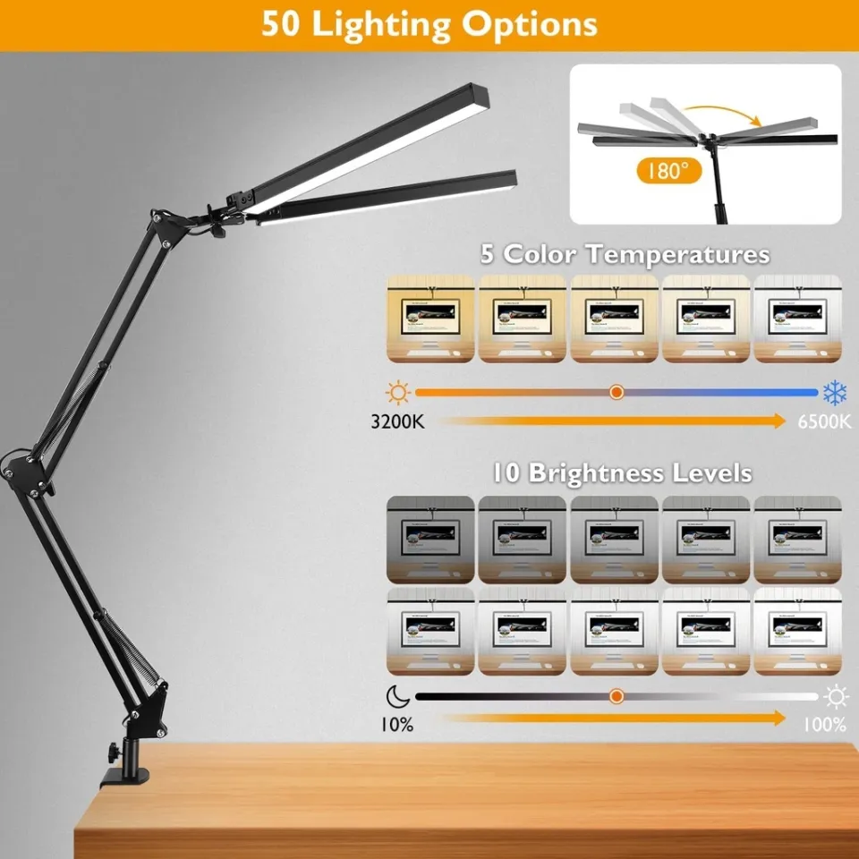 Double Head LED Desk Lamp with Clamp,24W Brightest Architect Desk Lamps for  Home