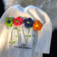 2023 NEWCotton ถักดอกไม้น่ารักออกแบบด้านบน2022ใหม่หลวมแขนสั้นเสื้อยืดสตรีแขนสั้นฮาราจูกุเสื้อแฟชั่นท็อปส์