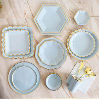 Gold Blue Party Tableware กระดาษฟางถ้วยแผ่นผ้ากันเปื้อน Baby Shower Favors วันเกิดงานแต่งงาน Decor Party Supplies