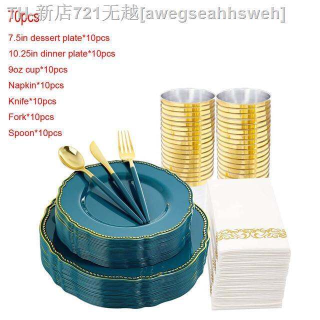 cw-70-disposable-tableware-plastic-plate-with-gold-rim-and-silverware-cup-napkin-set-wedding-supplies