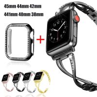 ✧◐ Women Luxury Metal Case Strap for Apple Watch Band 7 41MM 45mm Stainless Steel Diamond Band for iWatch 6 SE 5 4 3 Belt Bracelet