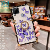 YiaMia ใหม่เคสโทรศัพท์แฟชั่นสำหรับ Realme C2 C11 C15 C12 C25 C20 C11 2021 C21 C21Y C25Y C35 Shell รูปแบบผีเสื้อพิมพ์โทรศัพท์กรณีสแควร์กันกระแทกกับผู้ถือแหวน