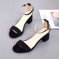 【 Cw】women S Shoes 5.5CM High Heel 2020 Summer Suede Black Student Shoes Sandals In Rome With High Heel Thick With A Buckle