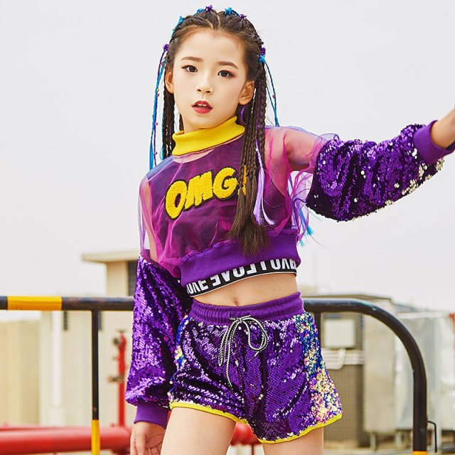 LOLANTA 3PCS Girls Sequins Jazz Dance Costume Kids Glitter Hip Hop Stage Dance Outfit 
