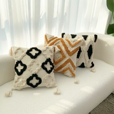 Cushion Cover Cotton Linen Tassel Pillowcase Tufted Beige Decorative Fashionable Throw Pillow Cushion for Sofa Bed Home 45x45cm