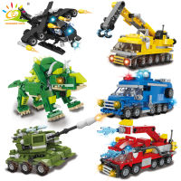 2021HUIQIBAO 6in1 City Town Building Blocks Fire Fight Police Engineering Tank Truck Car Dinosaur Bricks Set Children Toys KIDS GIft