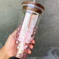 Girls pink cherry blossom wooden lid straw cup large capacity double-layer heat-resistant glass girl heart water top