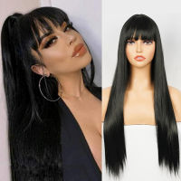 28 Inch Long Straight Synthetic Wigs with Bangs for Women Heat Resistant Black Synthetic Hair for Lolita Cosplay Daily Party