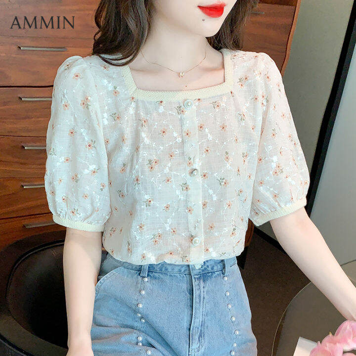 ammin-เสื้อสตรีผ้าชีฟองคอสี่เหลี่ยมสไตล์ฝรั่งเศส-เสื้อแขนพองหลวมพิมพ์ลายดอกไม้ย้อนยุคสไตล์เกาหลีเสื้อคาร์ดิแกนแขนสั้นเสื้อผู้หญิงที่สง่างามสำหรับฤดูร้อนปี2022