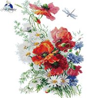 Joy Sunday Daisies And Poppies Print Cross Stitch Kits Aida Fabric 16CT  DIY Folk Craft Needlework Handmade Embroidery Set New Needlework