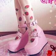 Comemore New Sweet Lolita Style Gothic Cosplay Black Pink Cozy Wedges Mary