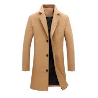 【Ready】Fashion Men Winter Solid Color Long Woolen Coat Single Breasted Jacket Overcoat