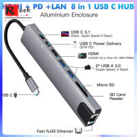 ฮับ USB 8-In-1ตัวแปลงแบบหลายพอร์ตอะแดปเตอร์3.1-4K RJ45ตัวอ่านบัตร TF PD ชาร์จเร็วใช้ได้กับ MacBook