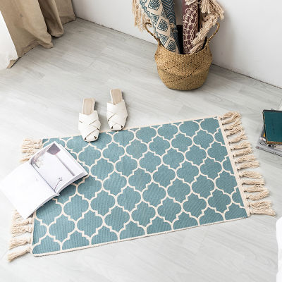 60*90CM Retro Bohemian Hand Woven Cotton Linen Carpets Tassel Bedside Rug Geometric Floor Mat Living Rooms Bedrooms Home Decor