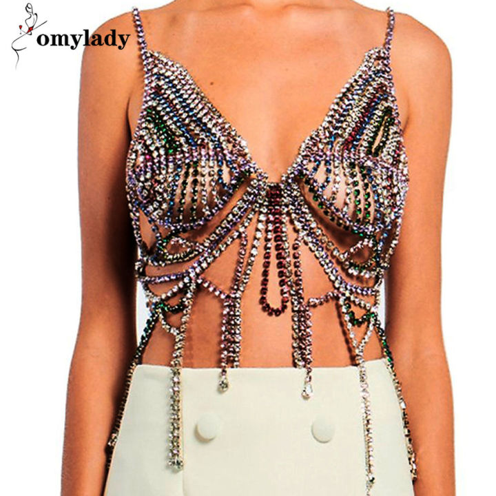 Women mesh Rhinestone Crystal chest tassel bra jewelry body chain party  Customes 