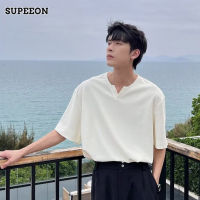 SUPEEON丨เสื้อทีเชิ้ตแขนสั้นคอวีสไตล์พรีเมี่ยมของผู้ชายแขนสั้นหลวมสีทึบสุภาพบุรุษหล่อแขนสั้น