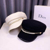 2021ใหม่แฟชั่น Pearl Chain Navy หมวกผู้หญิง Beret ฤดูใบไม้ร่วงและฤดูหนาวจิตรกร Hat