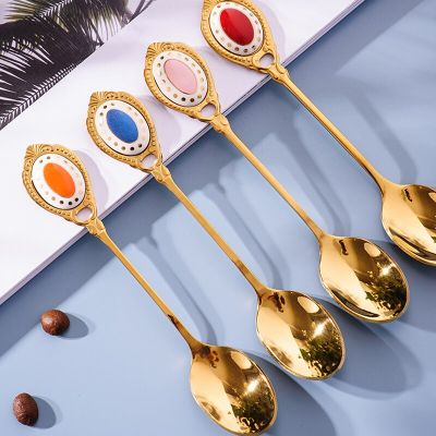 Luxury Gold Spoon 304 Stainless Steel Coffee Spoon Ceramics Handle Ice Cream Desser Tea Spoons for Home Hotel Cutlery Tableware Serving Utensils