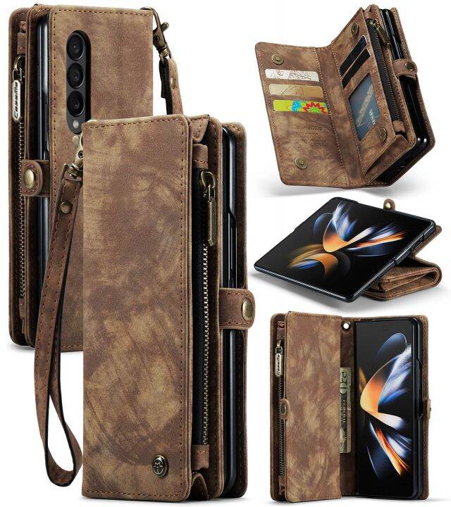 hoce-zfold4-fold5-galaxy-z-z-แบบอเนกประสงค์มีซิปทนทานเคสโทรศัพท์หนังมีกระเป๋าเงิน-pu-สำหรับ-samsung-galaxy-z-z-fold-5-5g-ซิปปกคลุมย้อนยุคพับได้พร้อมสายรัดข้อมือ