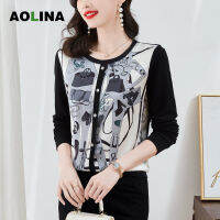 AOLINA 2022ฤดูใบไม้ร่วงและฤดูหนาวใหม่ High-End ถักผู้หญิงแขนยาวซาตินพิมพ์ Pullover Casual Top