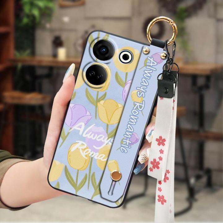 anti-dust-kickstand-phone-case-for-tecno-camon20-pro-4g-ck7n-wrist-strap-lanyard-painting-flowers-shockproof-sunflower