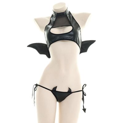 ✕┅۩ Kawaii Anime Underwear Cosplay Devil Costume Sexy Lingerie Set Leather Wings Micro Bikini Open Bra Crop Panty Sex Uniform