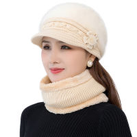 New Women Winter Hat Keep Warm Cap Add Fur Lined Hat &amp; Scarf Two Pieces Set Hat For Female Casual Rabbit Fur Bucket Knitted Hat