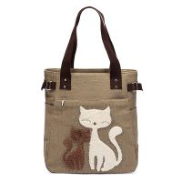 Womens messenger handbag canvas bag with cute cat small shopping shoulder bag Khaki