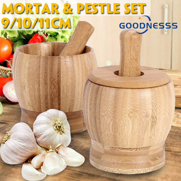 Bamboo Mortar and Pestle Garlic Press Ginger Crusher Spices Grinding