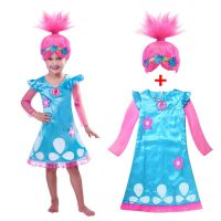 Baby Girls Dresses Trolls Poppy Cosplay Costumes Summer Dress For Girls Halloween Kids Fancy Birthday Party Dress with Wig Set  by Hs2023