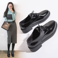 Black Leather Shoes Woman Lace Up Oxfords Shoes For Women Brogue Shoes Ladies Shoes Low Heels Platform Shoes Plus Size Flats