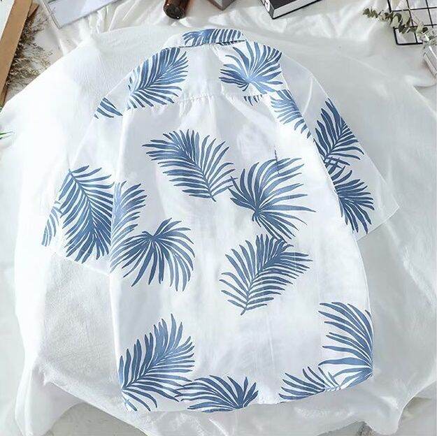 พร้อมส่ง-เสื้อฮาวาย-hawaii-พิมพ์ลาย-ใบไม้-สีเขียว-สีฟ้า-เสื้อเชิ้ตแขนสั้น-hawaii-shirt-uta