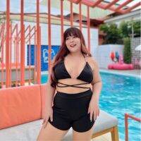 Plus size  เซ็ตบราบีกีนี่ดำโซ่ทอง+กางเกงขาสั้นว่ายน้ำเรียบดำ สาวอวบสุดปัง พรางหุ่นสุดเริ่ด