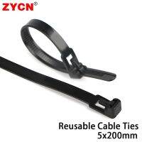 100Pcs 5*200MM Width: 4.8mm Releasable Cable Tie Plastics Reusable Loop Wrap Nylon Zip Bundle Strap Buckle Black White Slipknot Cable Management