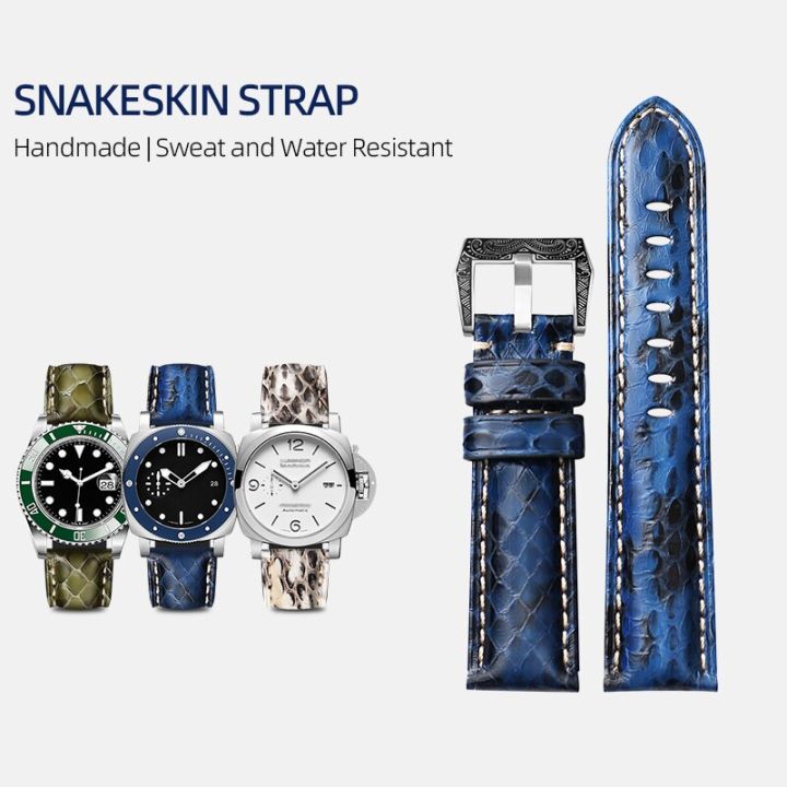 สายนาฬิกาหนังงูทำด้วยมือ20มม-22มม-24มม-สีเขียวขาวดำสายรัดหนังสีฟ้าหนังงูสายนาฬิกา-carterfa-ของผู้ชาย