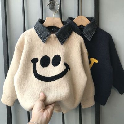 2023 New Boys Sweater Autumn And Winter Fake Two Pieces Casual Cartoon ChildrenS Sweater Thick Children Winter Bottoming Shirt