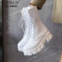 Womens Martens Boots PU Leather White Ankle Boots Autumn Winter Motorcycle Boots Fashion Female Chunky Heel Platform Boots