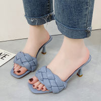 Weave Designer Women Slipper Ladies Thin High Heel Sandal 2021 New Summer Slip-On Open Toe Brown Outdoor Slides Flip Flop Shoe