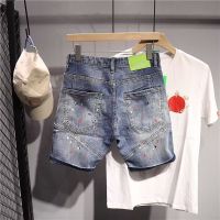 Perforated denim shorts for men in the summer of 2022, slim fit trendy brand ins five point pants, stretch Korean version splicing