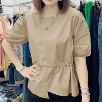 Ice Silk cotton stretch waist shirt womens summer new design fashion short-sleeved T-shirt thin shirt top V729