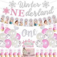 Frozen Themed Pink and Silver 1st Birthday Decorations for Girl with Snowflake Photo Banner Winter Onederland Banner Cake Topper