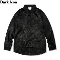 Dark ไอคอนผ้าไหมซาตินยาวเสื้อผู้ชายฤดูใบไม้ร่วงคอปกเสื้อชายเสื้อเสื้อสีดำ