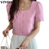 280G Vonda เสื้อเชิ้ตแขนสั้น คอสี่เหลี่ยม ติดกระดุมด้านหน้า สไตล์เกาหลี สําหรับผู้หญิง